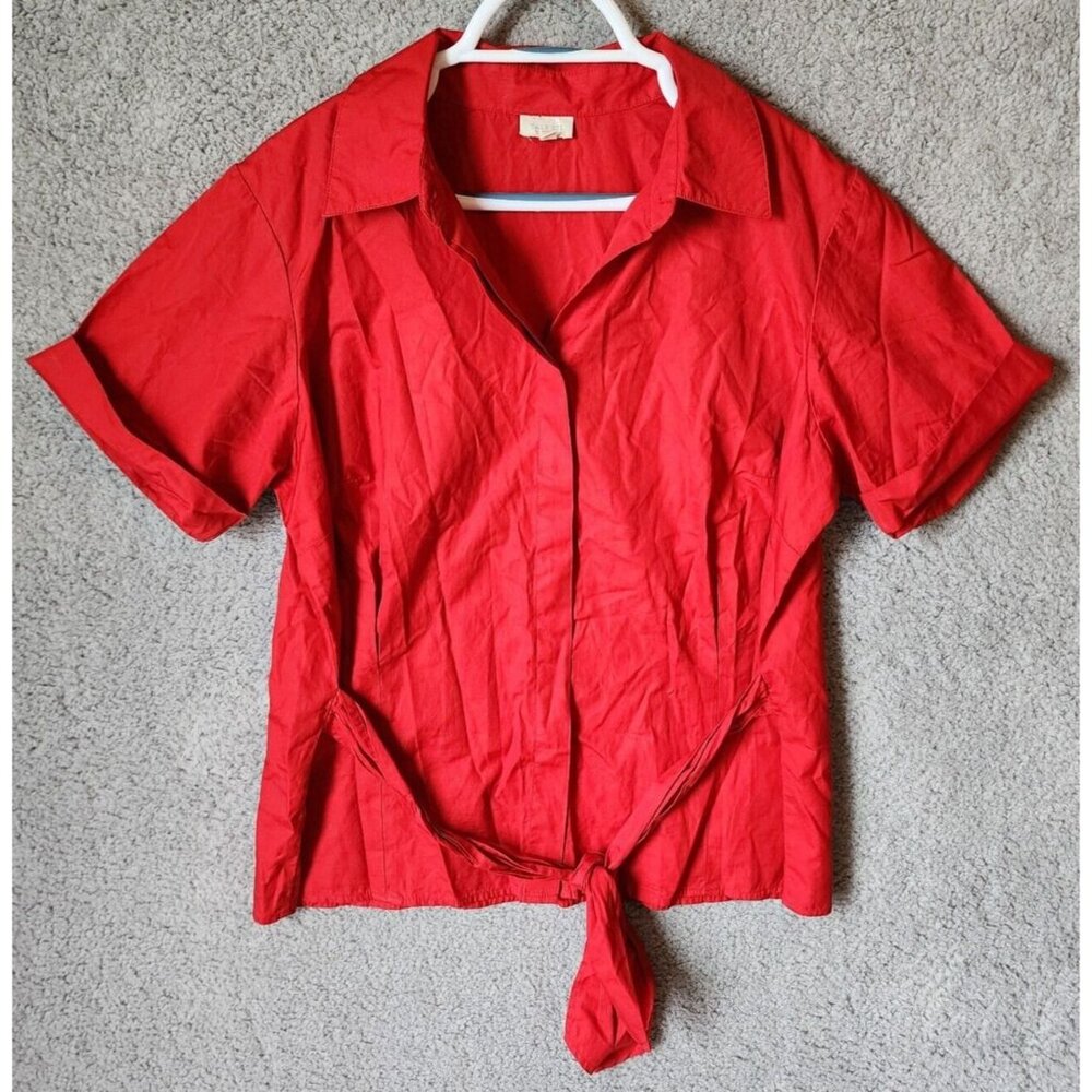 Talbots Women's Short Sleeve Button Up Tie Front Blouse Top Solid Red Size 14W